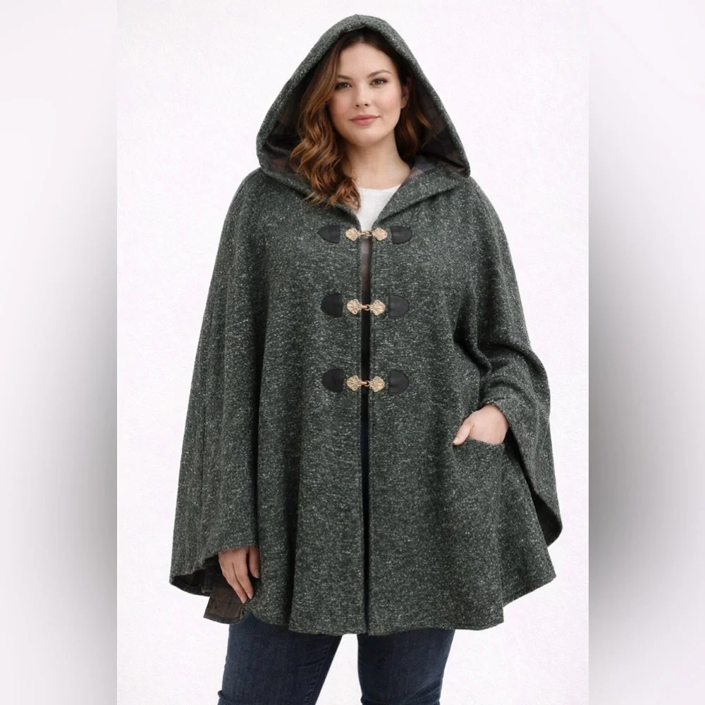 Outlander the Series Torrid Cloak Cape Plus Size 3/4 Hooded Tweed Green Coat - Picture 1 of 9